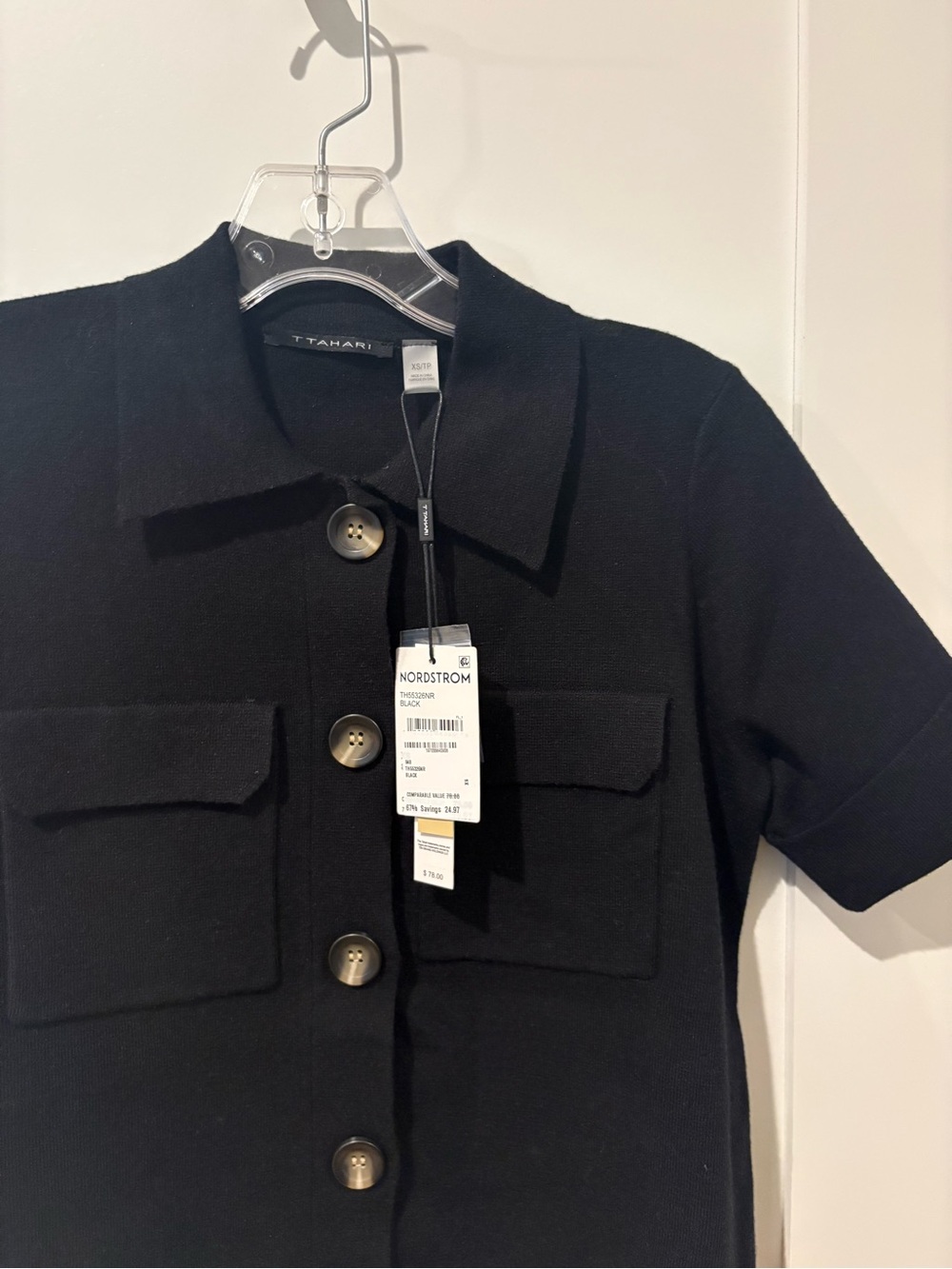 Tahari Black Short-Sleeve Button Front Sweater